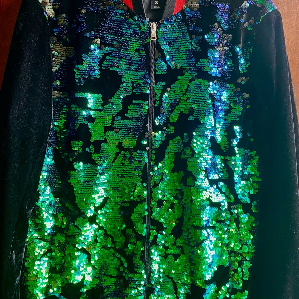 INC International Concepts Sequin Bomber Jacket - Green and Black